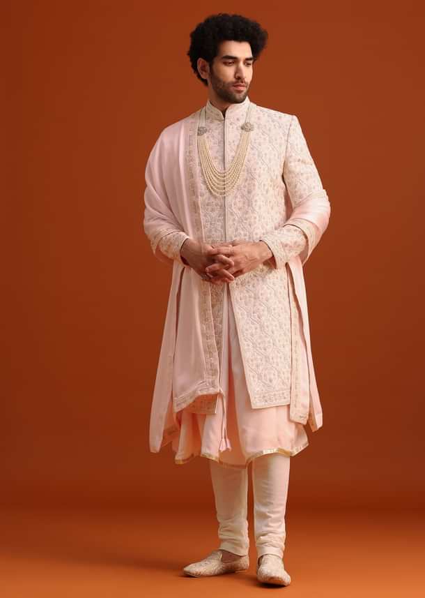 Pink Silk Embroidered Sherwani Set With Dupatta