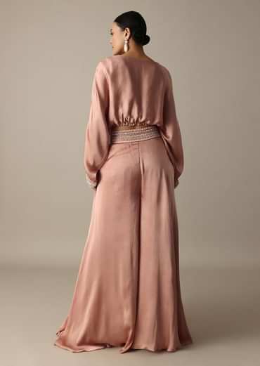 Pink Silk Embroidery Crop Top With Palazzo
