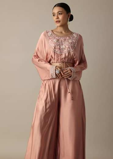 Pink Silk Embroidery Crop Top With Palazzo