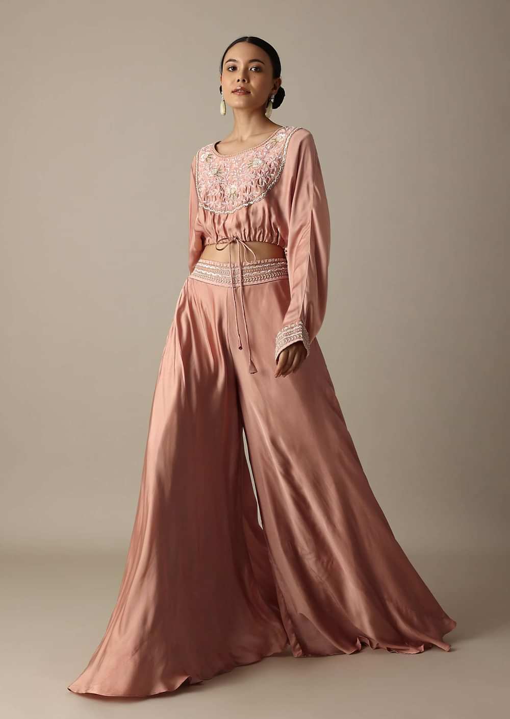Pink Silk Embroidery Crop Top With Palazzo