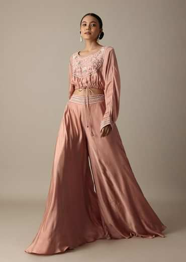 Pink Silk Embroidery Crop Top With Palazzo