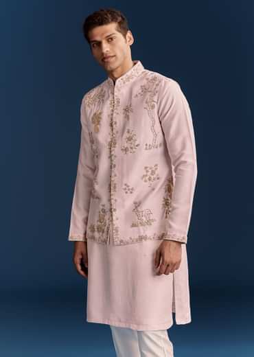 Pink Silk Floral Kurta Jacket Set With Resham And Cutdana Detailing