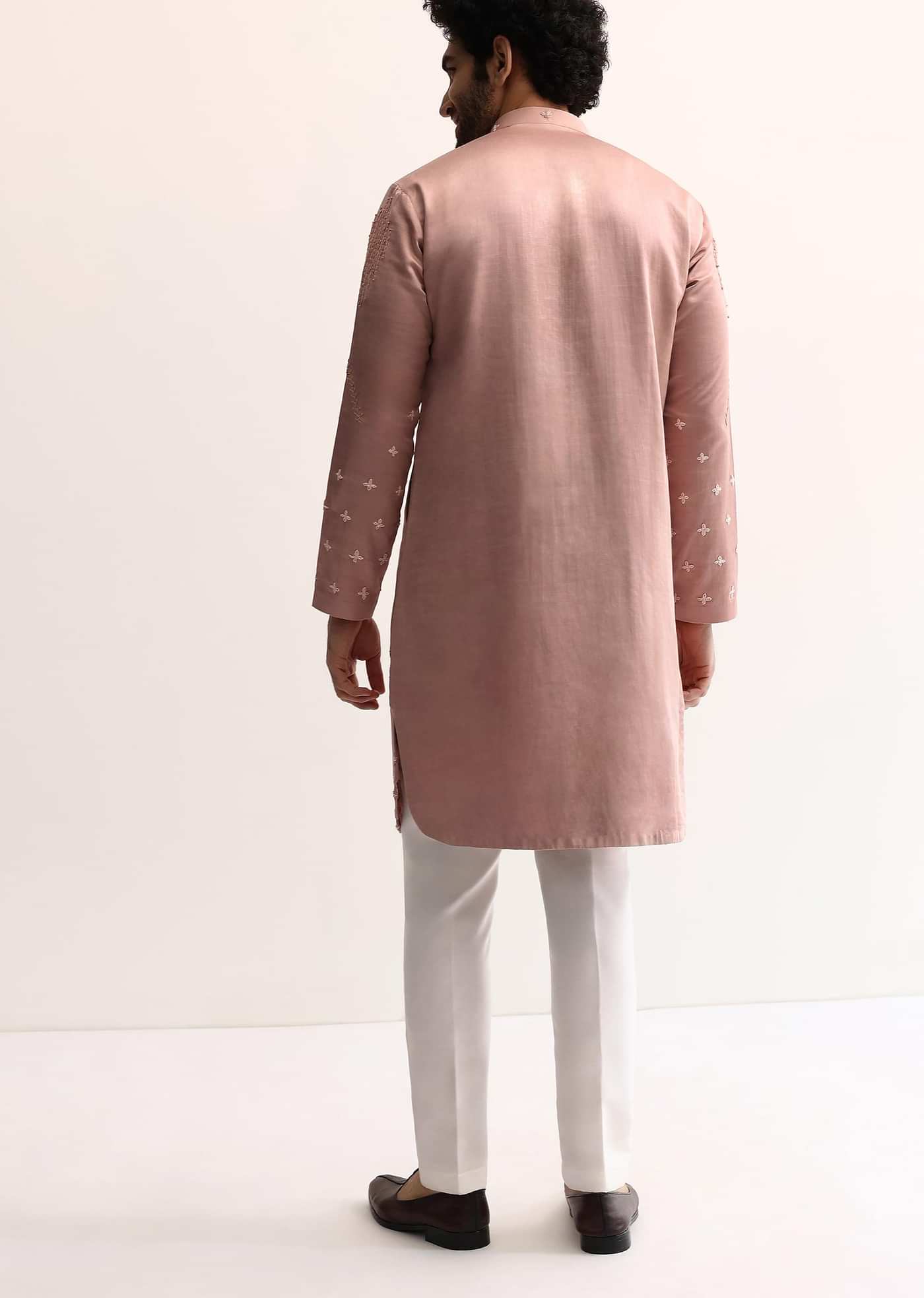 Pink Silk Handwork Kurta Set For Men
