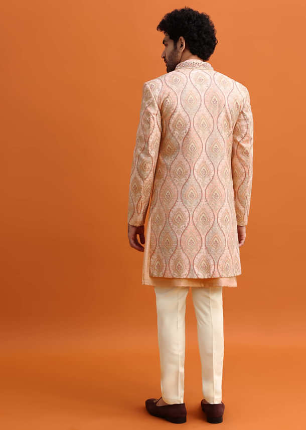 Pink Silk Indowestern Set With Hand Work For Men