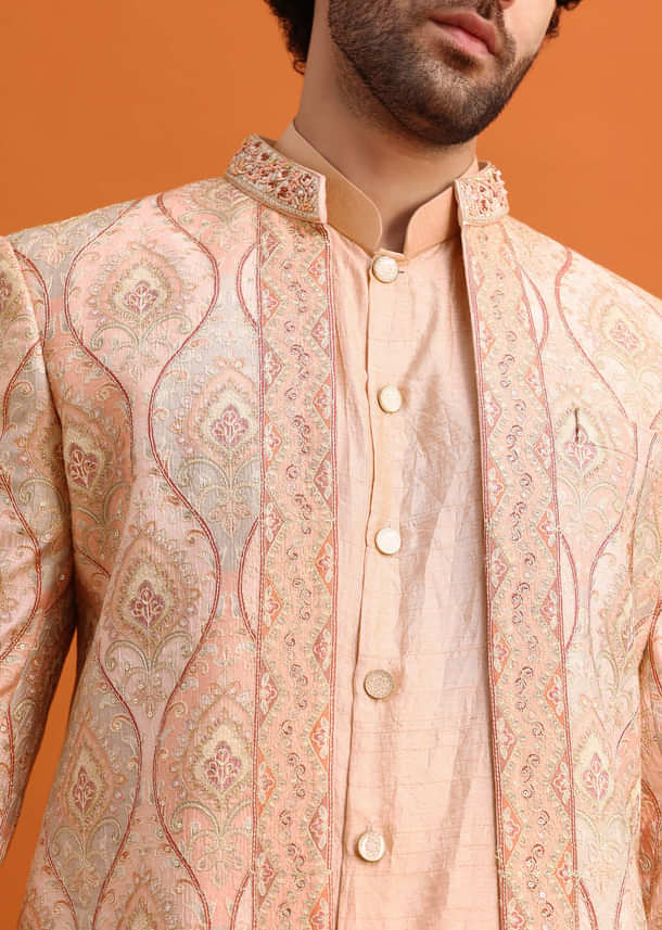 Pink Silk Indowestern Set With Hand Work For Men