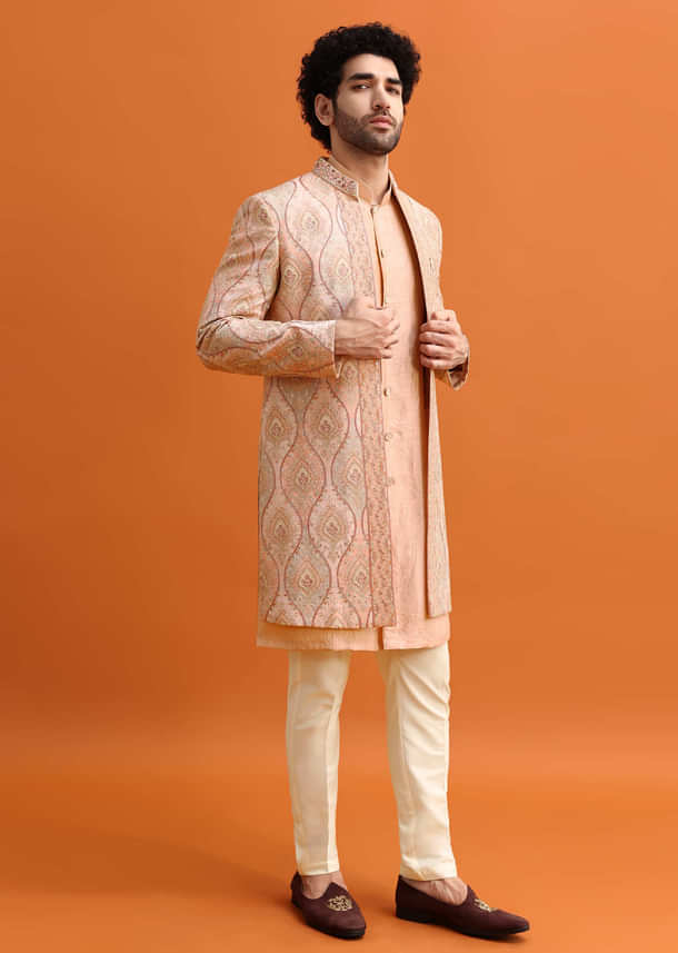 Pink Silk Indowestern Set With Hand Work For Men