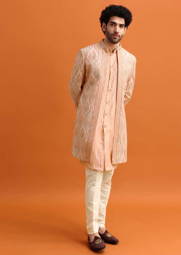 Pink Silk Indowestern Set With Hand Work For Men