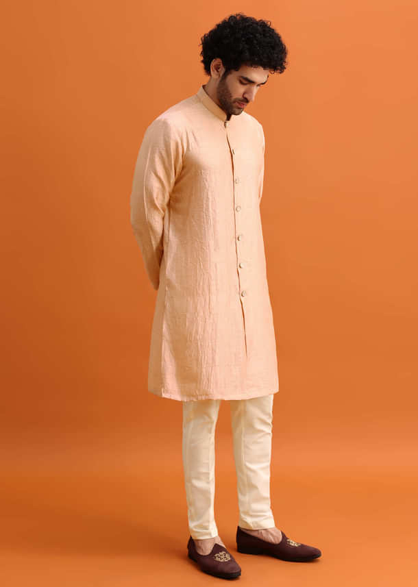 Pink Silk Indowestern Set With Hand Work For Men