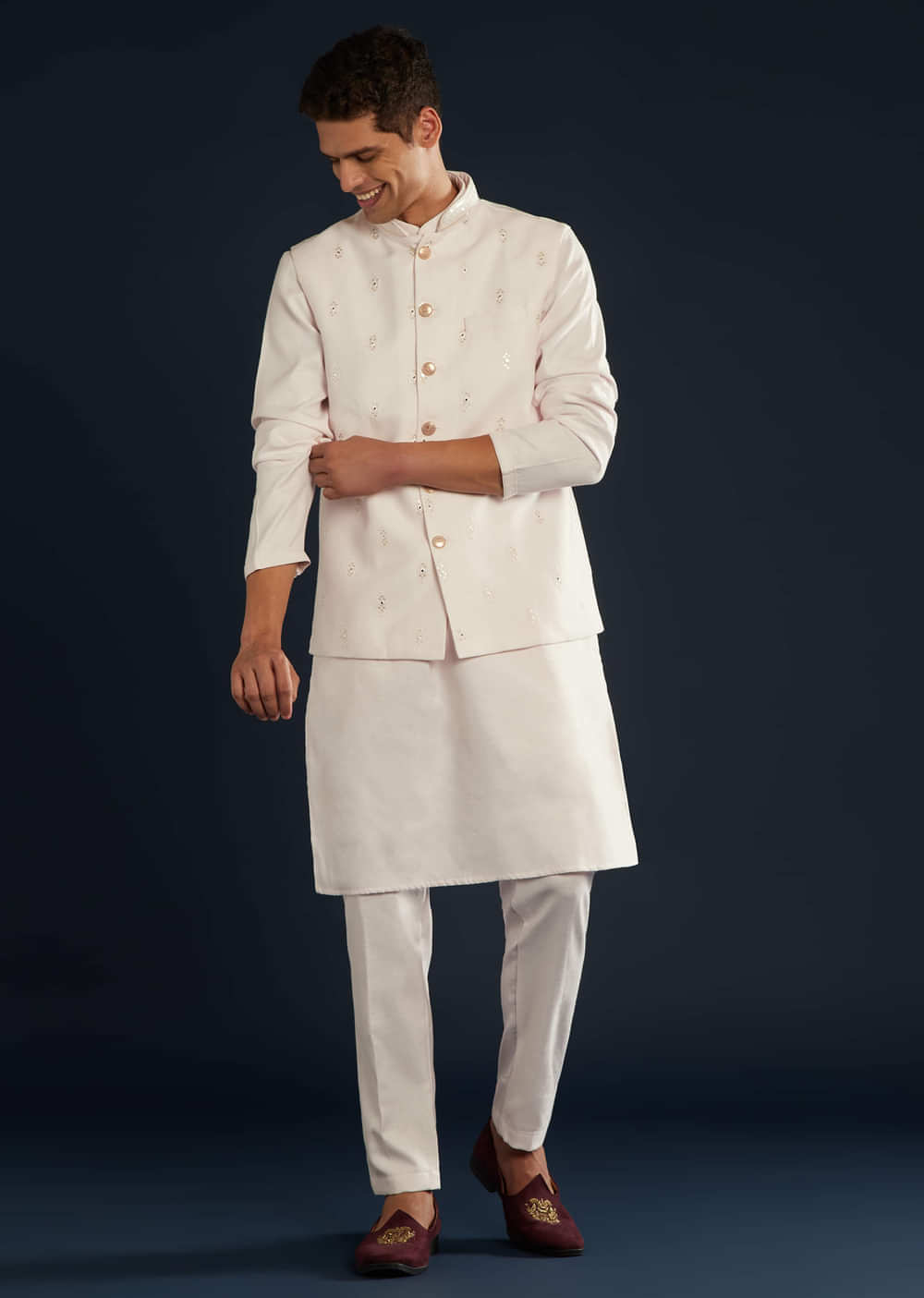 Pink Silk Jacket Kurta Set With Resham Sequins Work