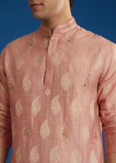 Pink Munga Silk Embroidered Butti Kurta Set