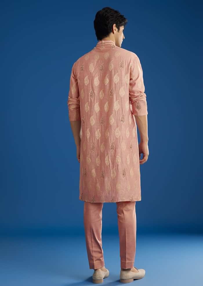 Pink Munga Silk Embroidered Butti Kurta Set