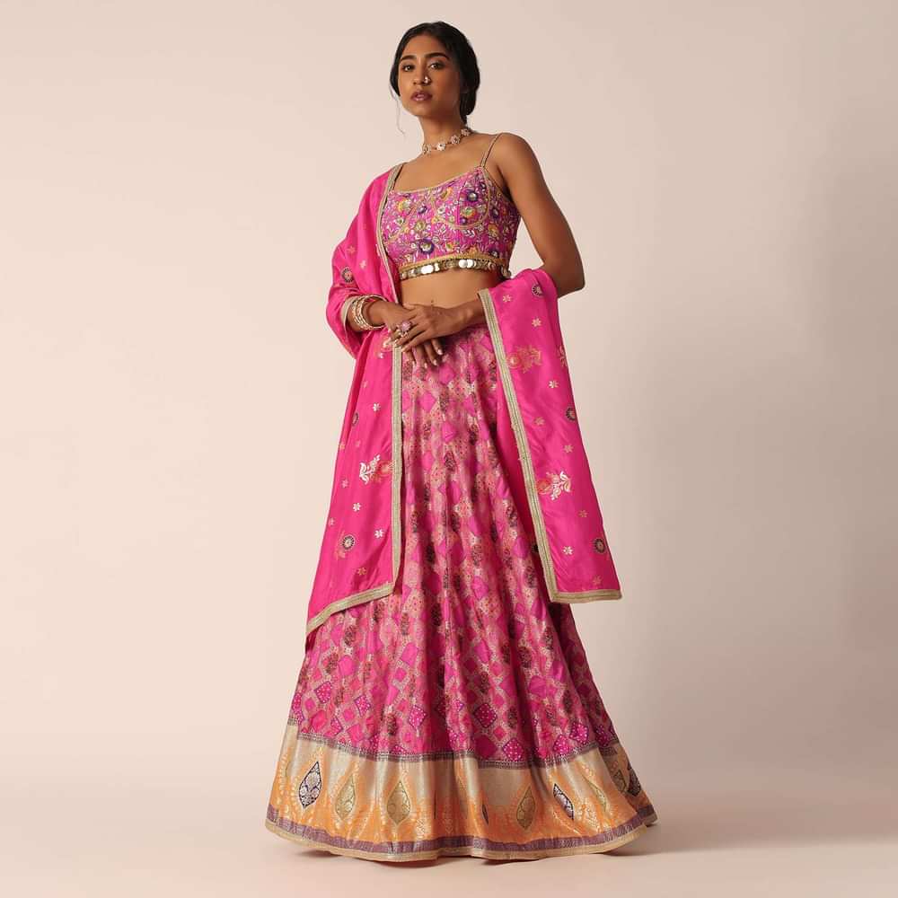 Pink Banarasi Embroidered Lehenga Set With Printed Motifs