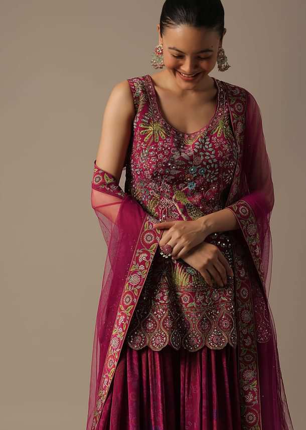 Pink Silk Palazzo Set With Mirror Work