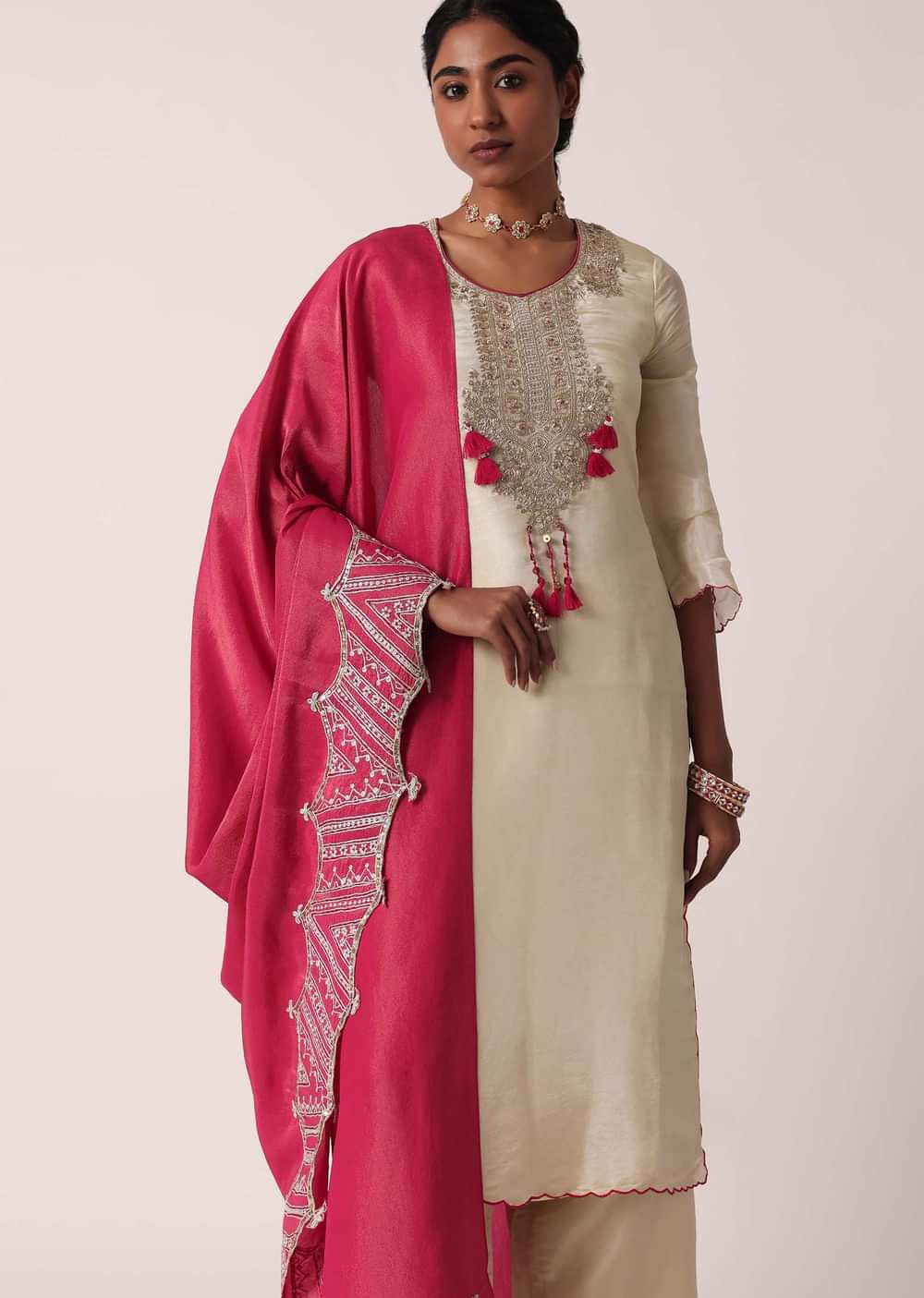 Pink Silk Palazzo Set With Embroidered Kurta
