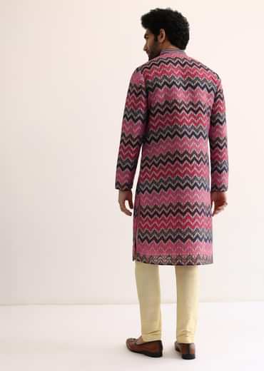 Pink Silk Printed Kurta Set For Men