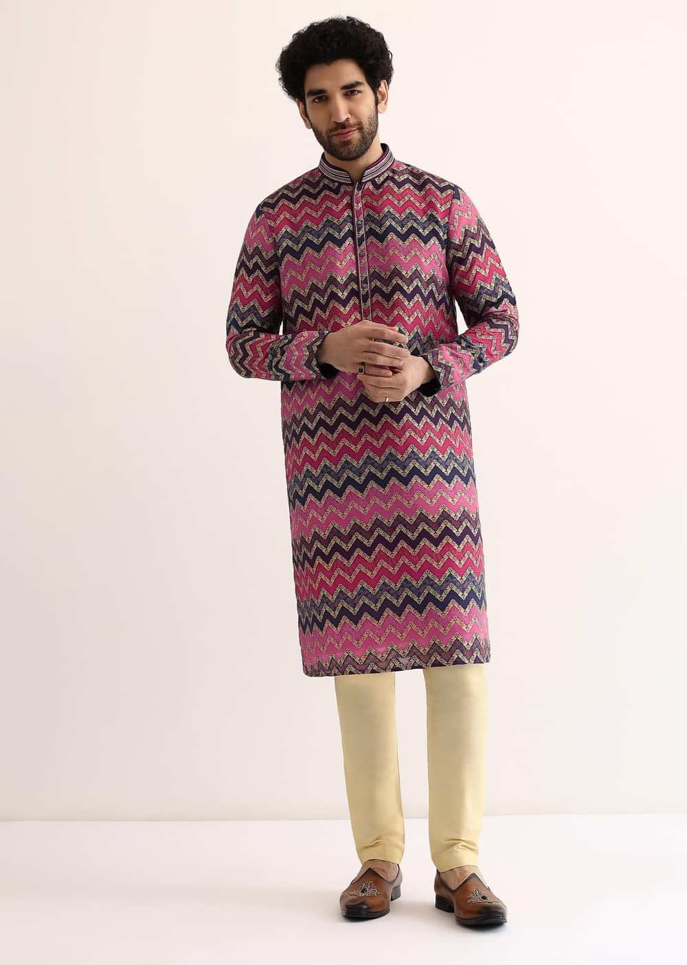 Pink Silk Printed Kurta Set For Men