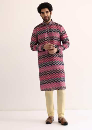 Pink Silk Printed Kurta Set For Men