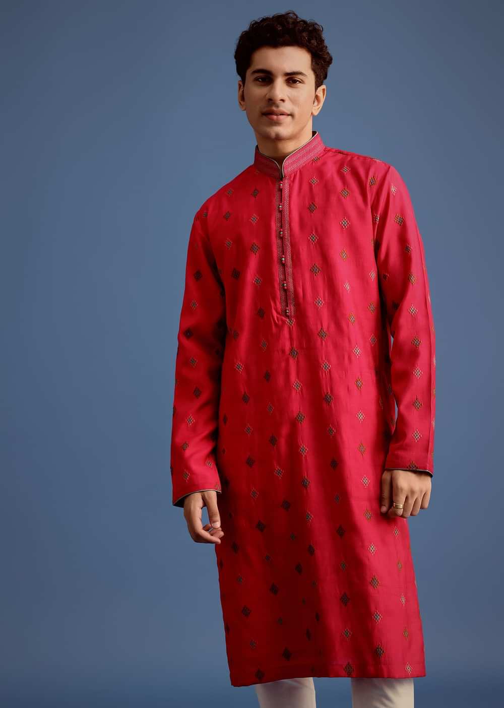Fuchsia Pink Silk Printed Kurta Set For Men