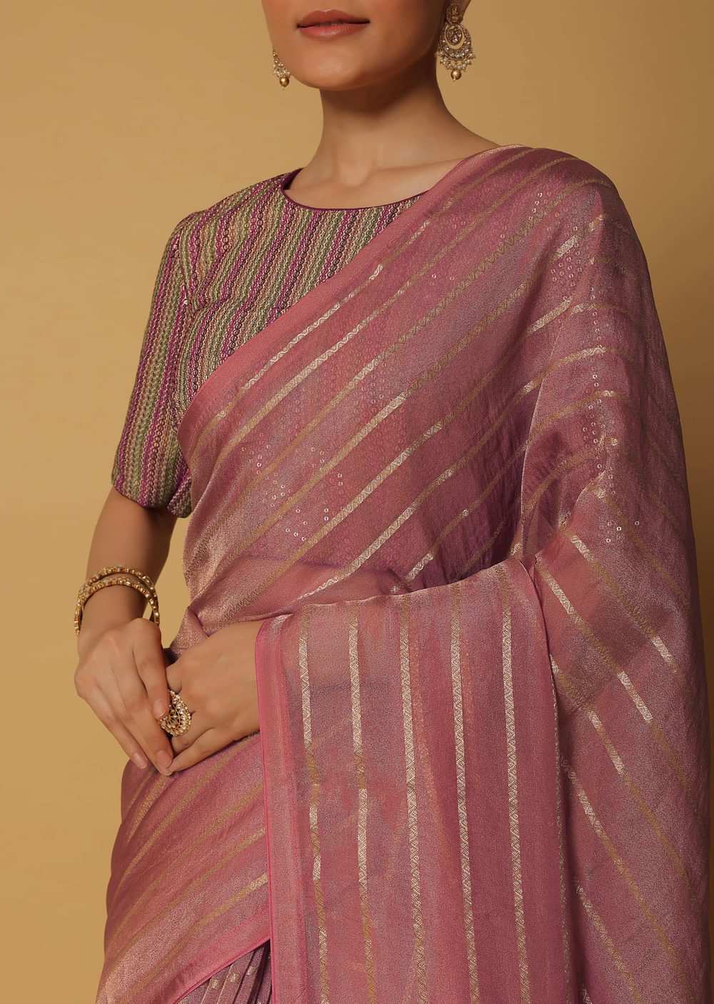 Pink Silk Saree With Zari Stripes And Stitched Blouse