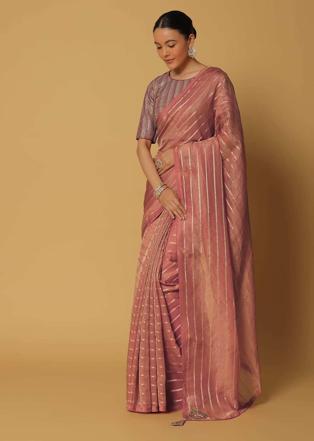 Pink Silk Saree With Zari Stripes And Stitched Blouse