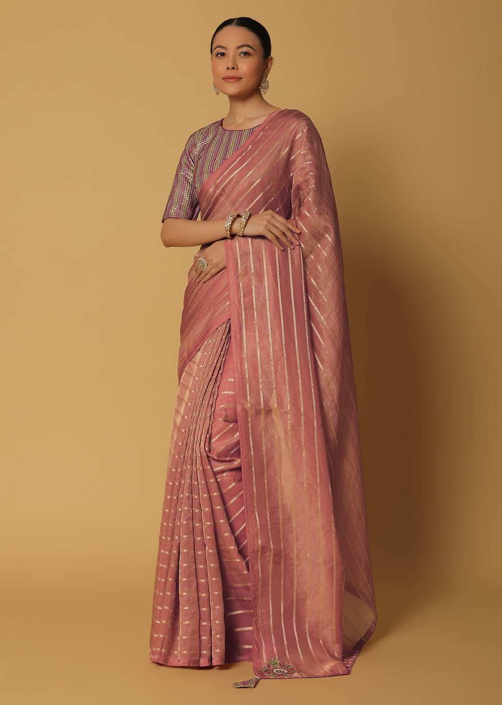Pink Silk Saree With Zari Stripes And Stitched Blouse