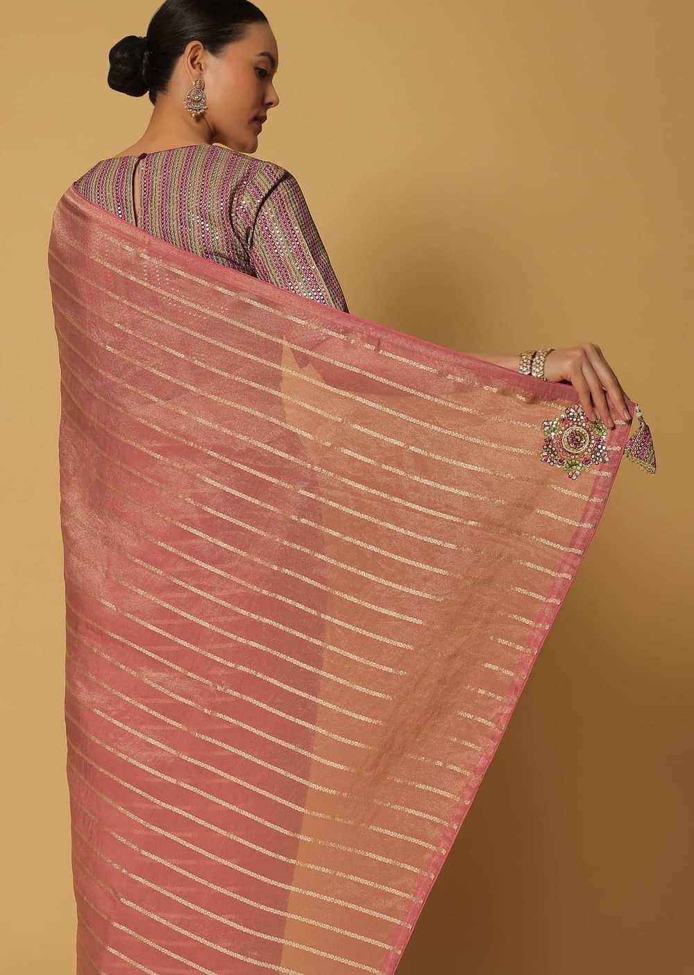 Pink Silk Saree With Zari Stripes And Stitched Blouse