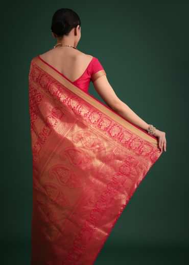 Pink Silk Saree With Zari Woven Jaal Work And Traditional Motif Border