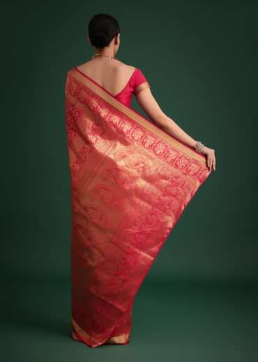 Pink Silk Saree With Zari Woven Jaal Work And Traditional Motif Border