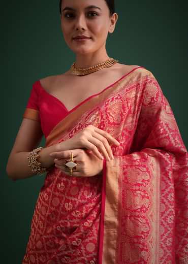Pink Silk Saree With Zari Woven Jaal Work And Traditional Motif Border
