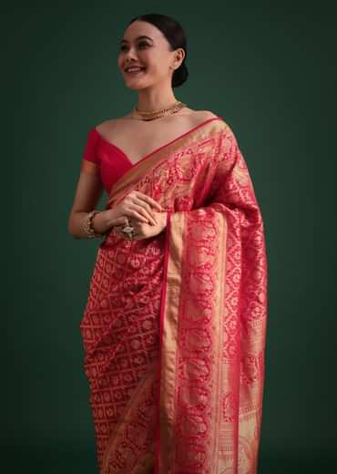 Pink Silk Saree With Zari Woven Jaal Work And Traditional Motif Border