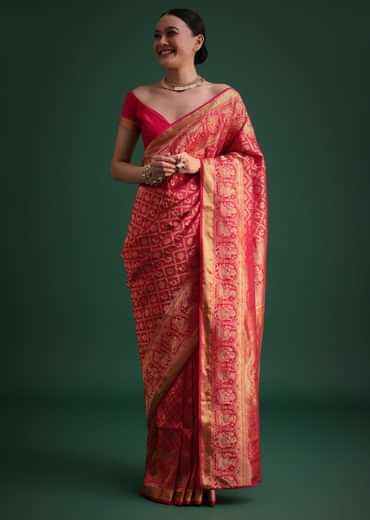 Pink Silk Saree With Zari Woven Jaal Work And Traditional Motif Border