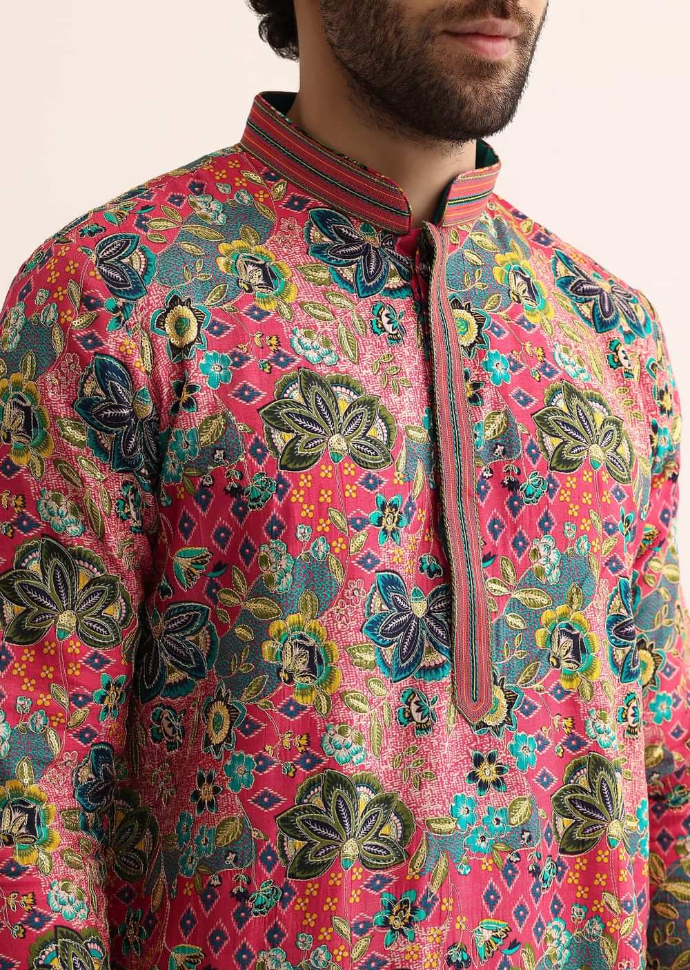 Pink Silk Sequin Work Kurta Set For Men