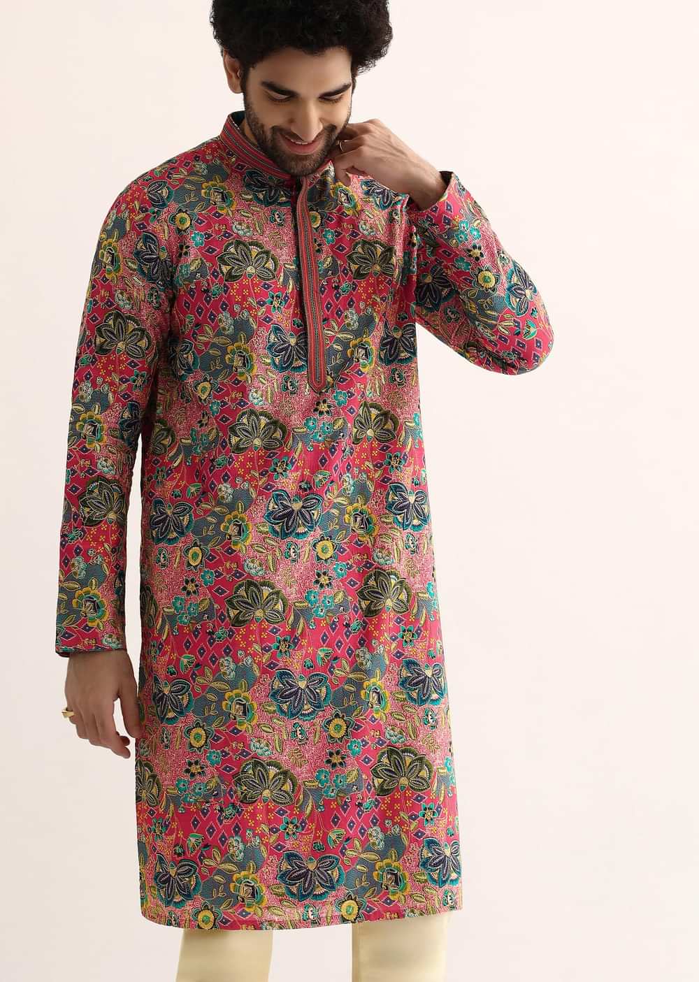 Pink Silk Sequin Work Kurta Set For Men