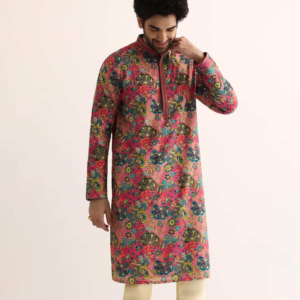 Pink Silk Sequin Work Kurta Set For Men