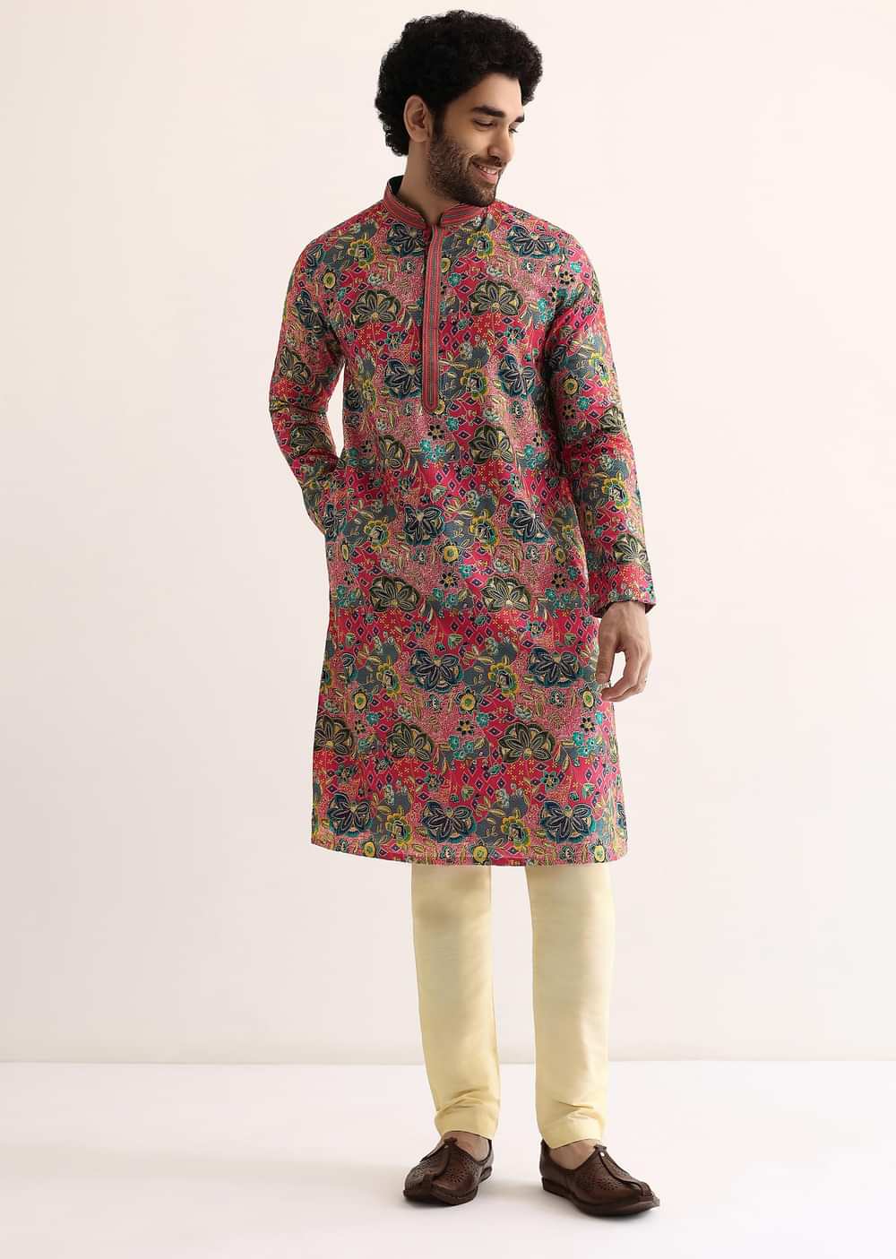 Pink Silk Sequin Work Kurta Set For Men