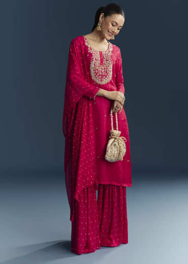 Pink Silk Sharara Suit With Zardosi And Sequins Embroidery