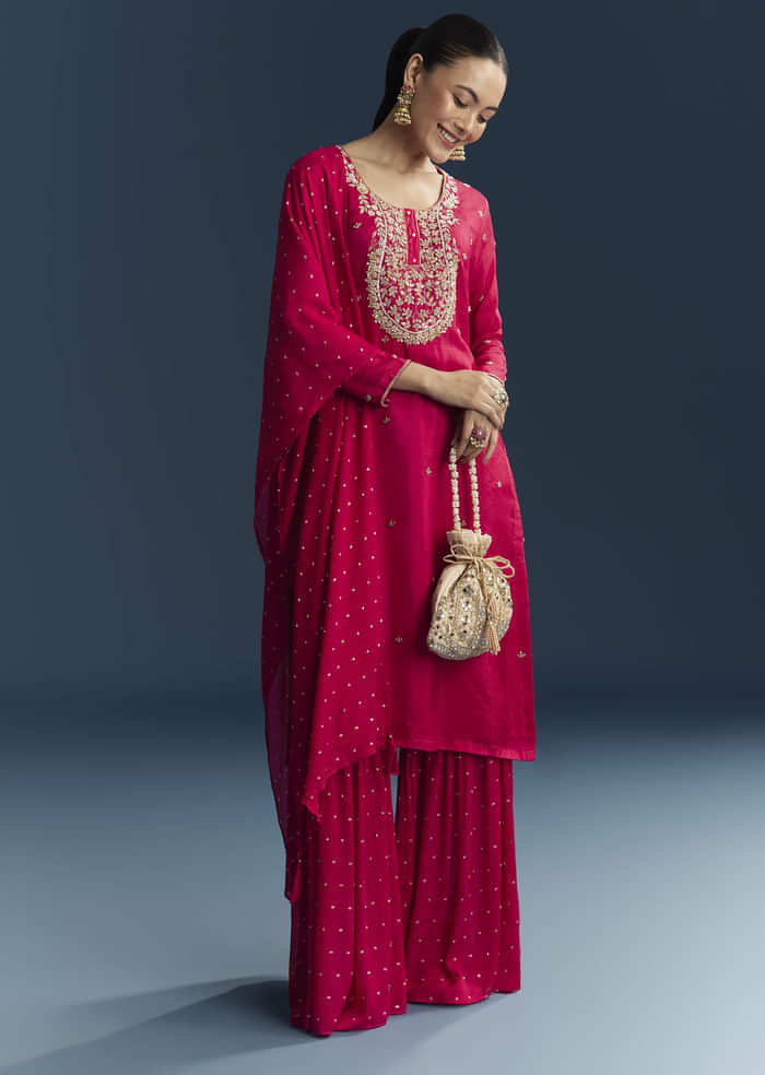 Pink Silk Sharara Suit With Zardosi And Sequins Embroidery