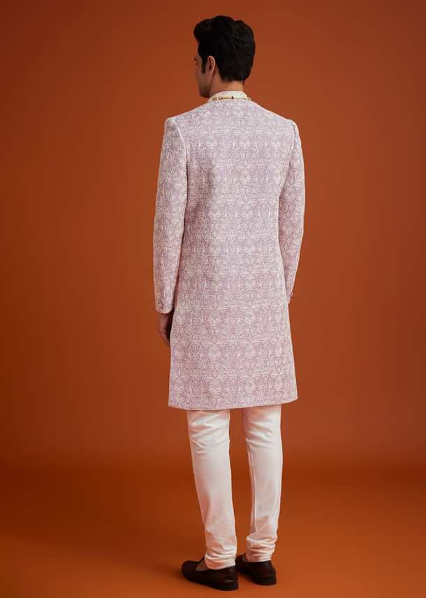 Pink Silk Sherwani Set With Bead Work On Collar Pink Silk Sherwani Set With Bead Work On Collar