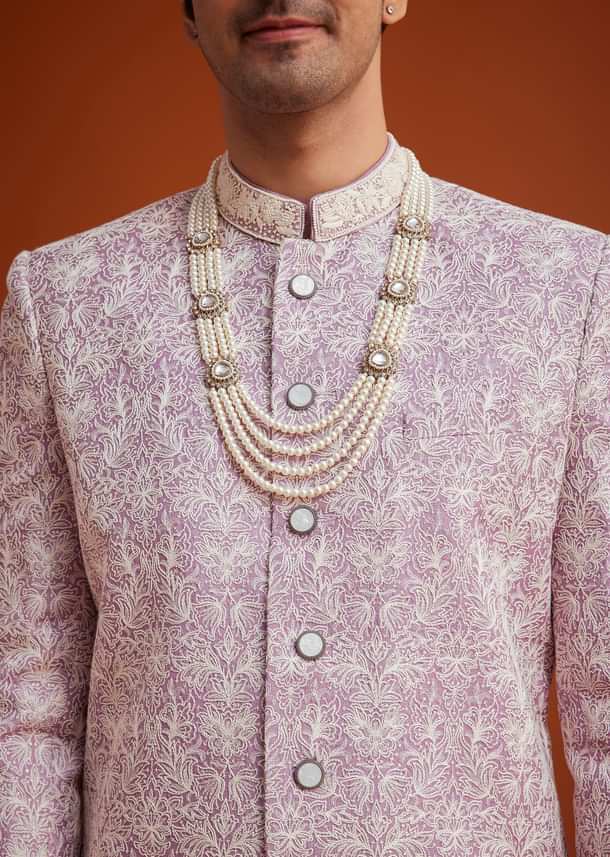 Pink Silk Sherwani Set With Bead Work On Collar Pink Silk Sherwani Set With Bead Work On Collar