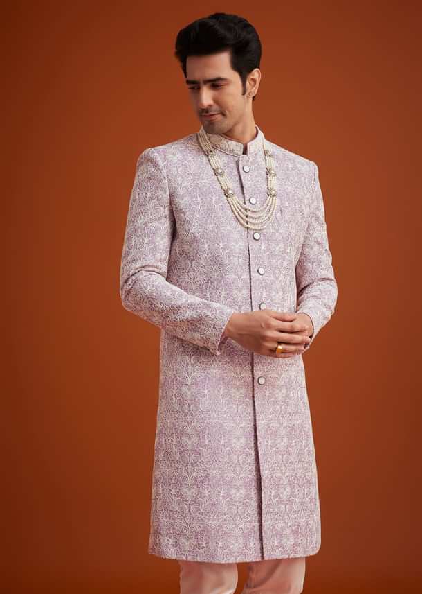 Pink Silk Sherwani Set With Bead Work On Collar Pink Silk Sherwani Set With Bead Work On Collar