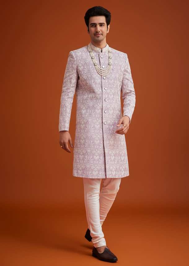 Pink Silk Sherwani Set With Bead Work On Collar Pink Silk Sherwani Set With Bead Work On Collar