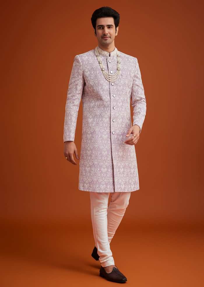 Pink Silk Sherwani Set With Bead Work On Collar