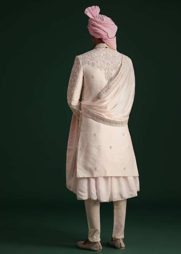Pink Silk Threadwork Sherwani Set With Anarkali Kurta