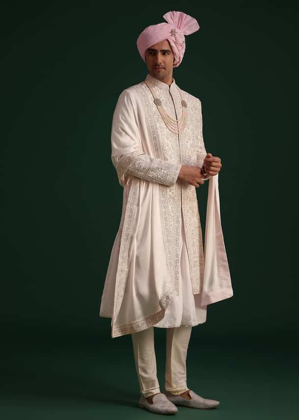 Pink Silk Threadwork Sherwani Set With Anarkali Kurta