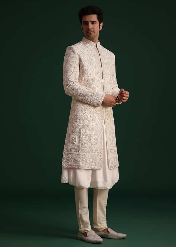 Pink Silk Threadwork Sherwani Set With Anarkali Kurta
