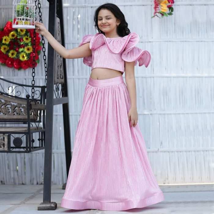 Kalki Girls Pink Skirt And Crop Top Set In Crushed Shimmer Lycra With Elaborate Ruffle Neckline Online - Kalki Fashion