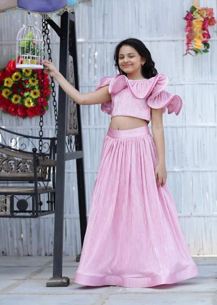 Kalki Girls Pink Skirt And Crop Top Set In Crushed Shimmer Lycra With Elaborate Ruffle Neckline Online - Kalki Fashion