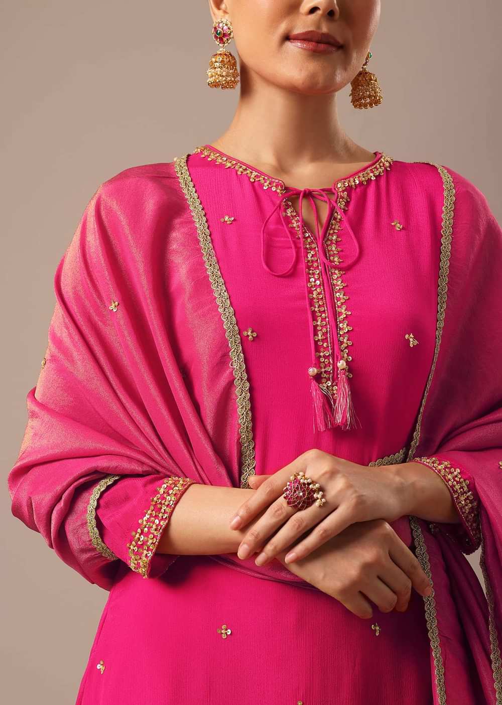 Pink Slim Fit Kurta Set With Sequin Hand Embellishments