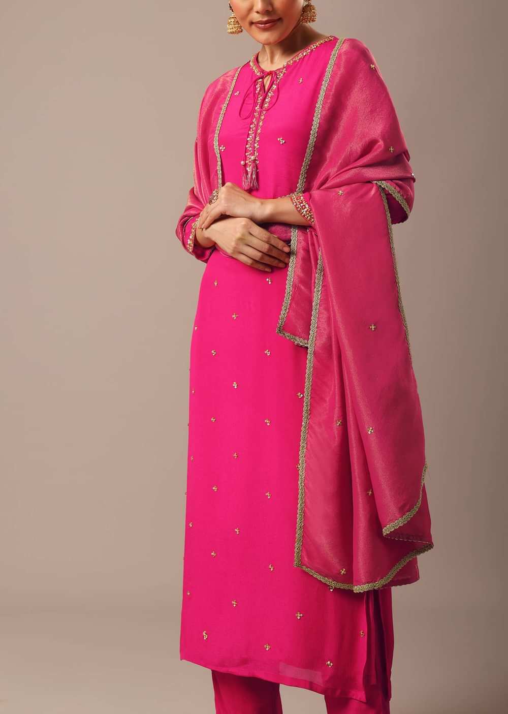 Pink Slim Fit Kurta Set With Sequin Hand Embellishments
