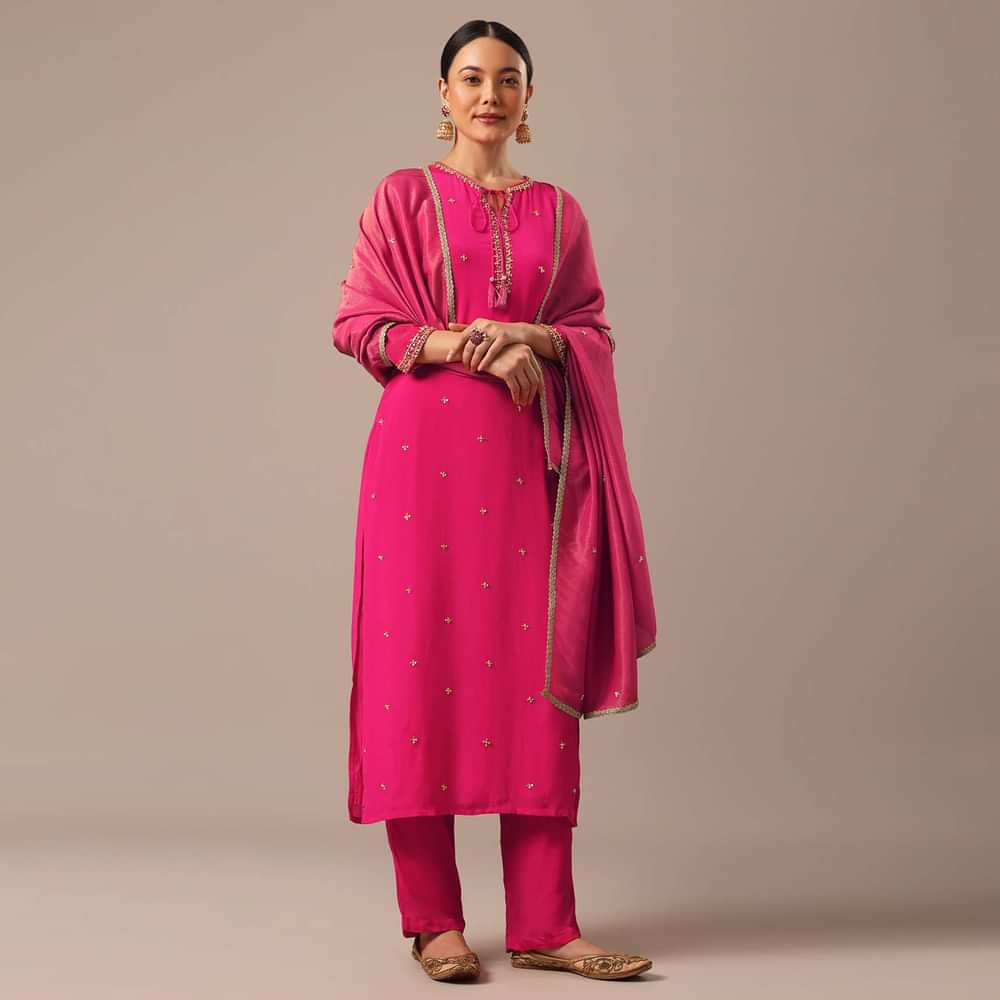 Pink Slim Fit Kurta Set With Sequin Hand Embellishments